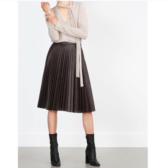 Zara | Skirts | Zara Brown Pleated Skirt Faux Round Leather | Poshmark